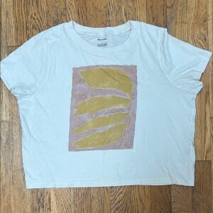 Madewell White Tee with Gold and Purple Leaf Design
